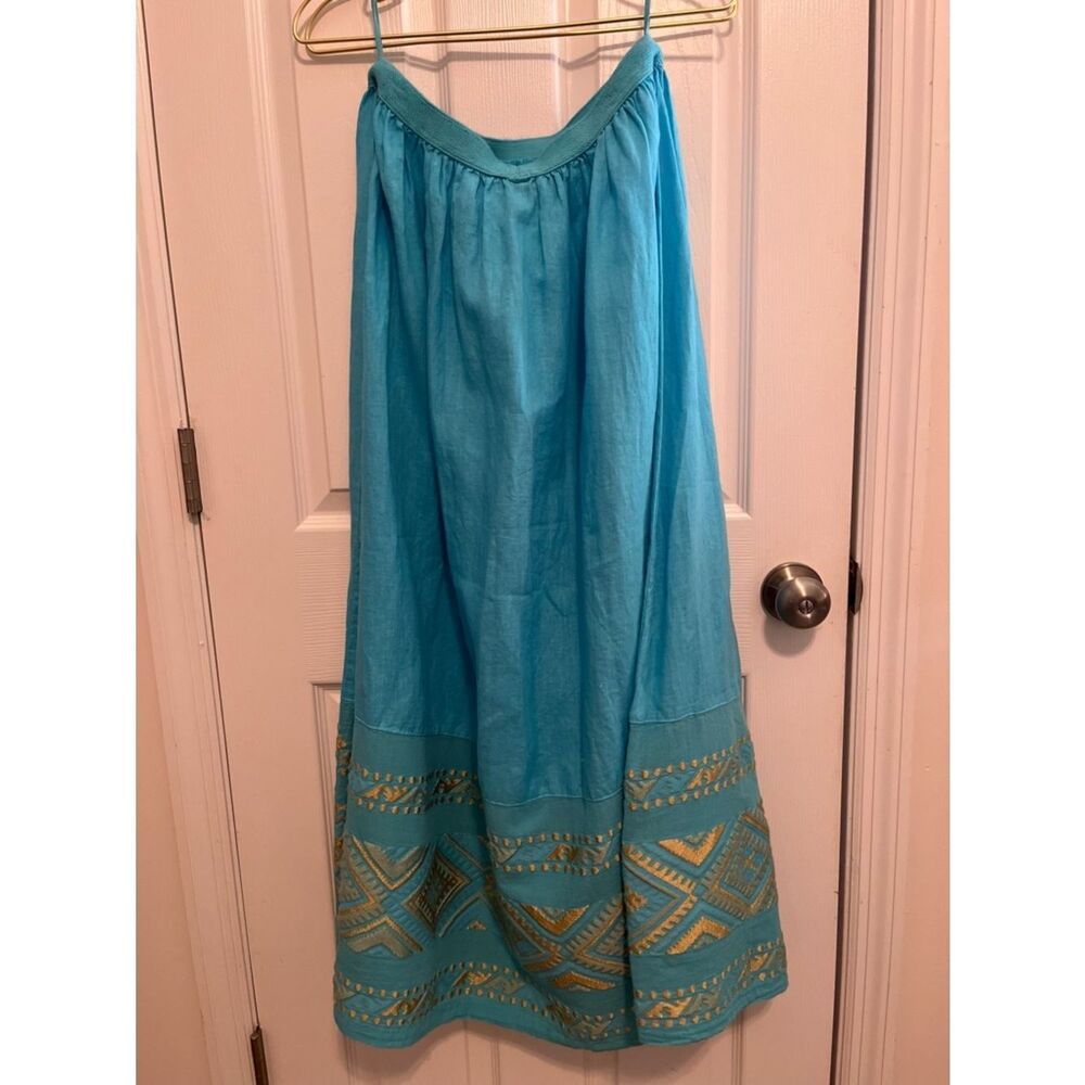 ✨ Haris Cotton Linen Skirt L Turquoise Gold Embroidered Greece Boho - Picture 9 of 9